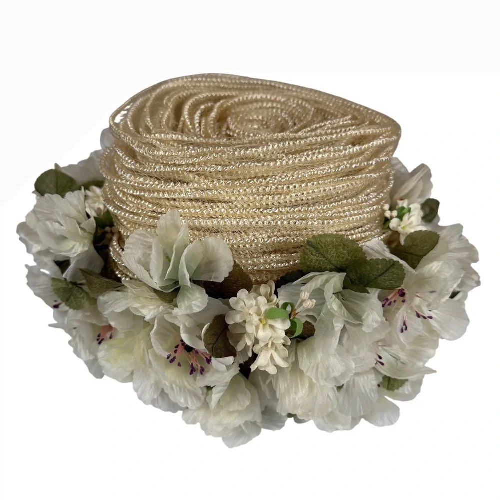 VINTAGE Schiaparelli Paris Floral Spring Hat Ivory Cream Flowers with Hat Box